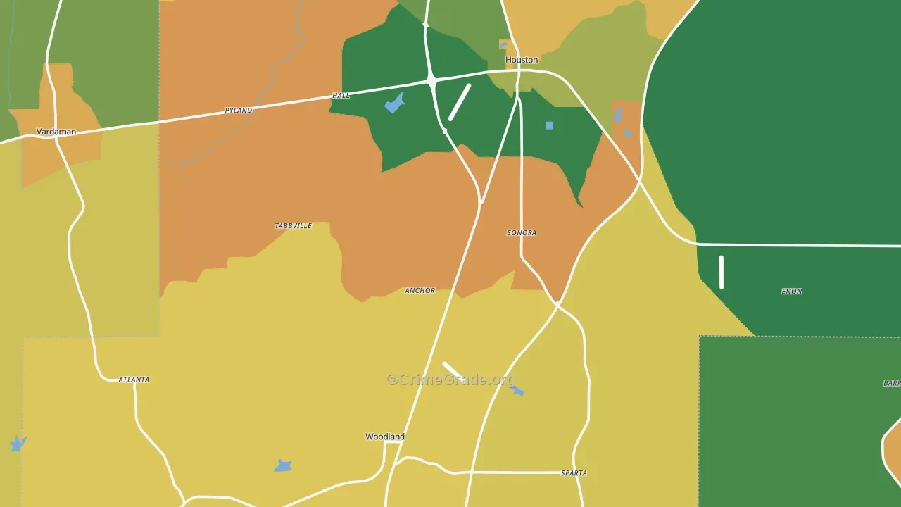 Woodland, MS Map of Robbery Rates