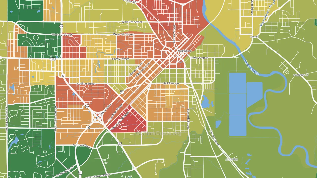 Woodlawn Court, Hattiesburg, MS Map of Robbery Rates
