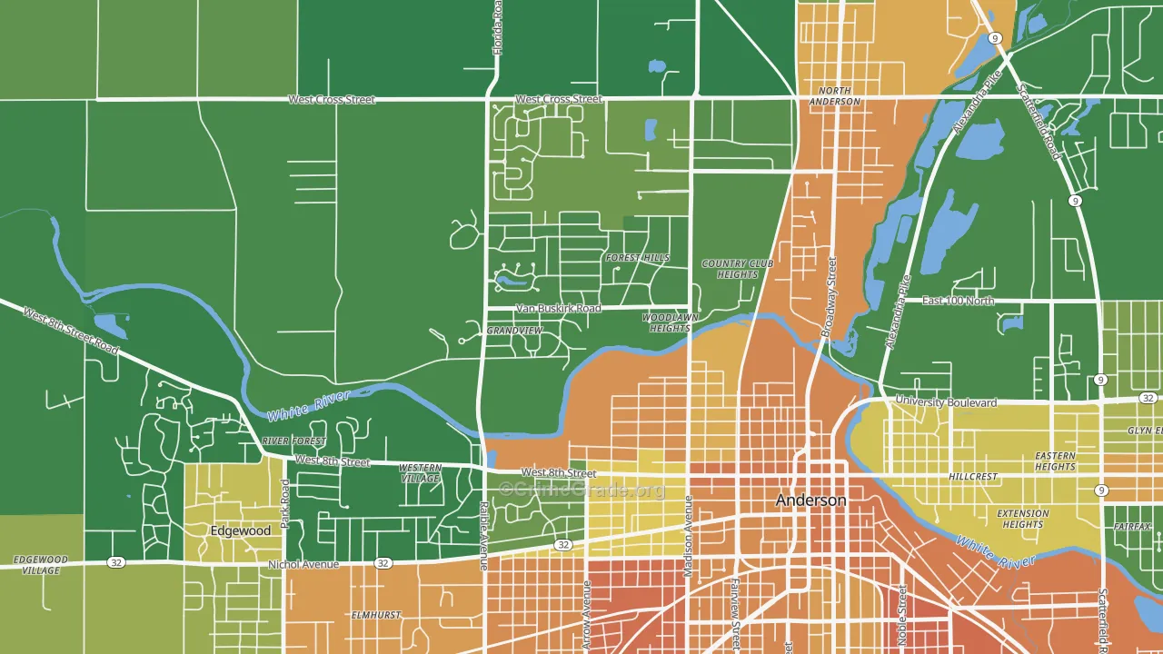 Woodlawn Heights, IN Map of Robbery Rates