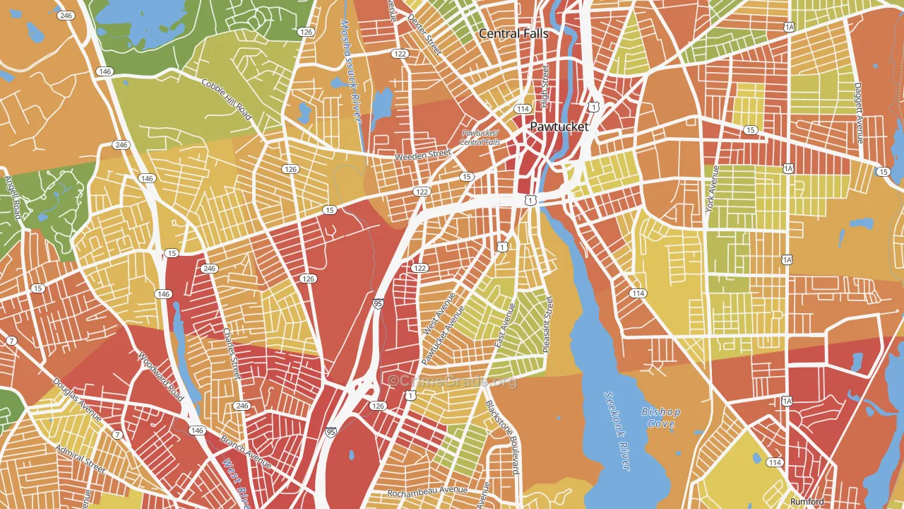Woodlawn, Pawtucket, RI Map of Robbery Rates