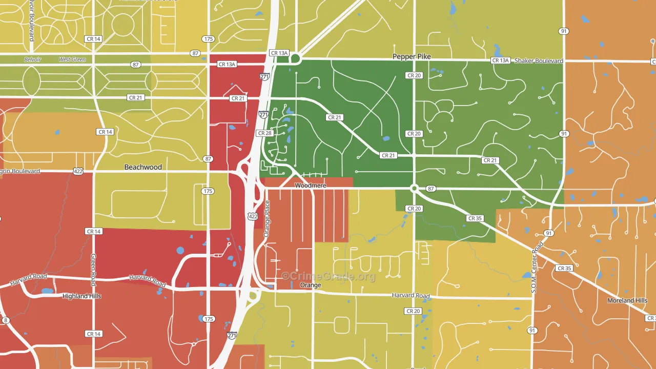 Woodmere, OH Map of Robbery Rates