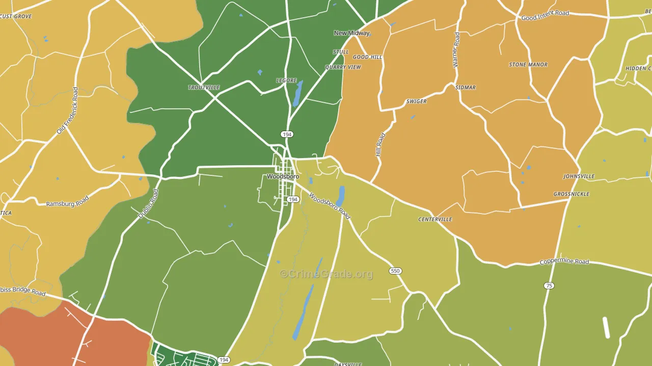 Woodsboro, MD Map of Robbery Rates