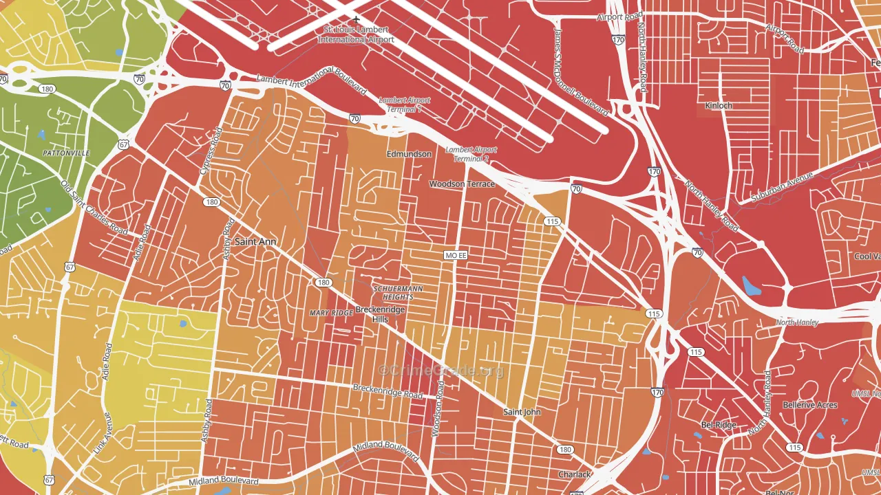 Woodson Terrace, MO Map of Robbery Rates