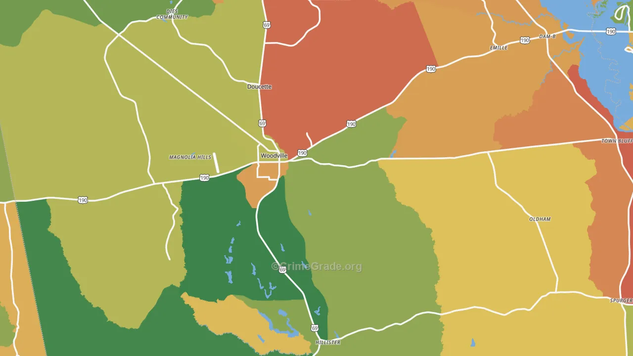 Woodville, TX Map of Robbery Rates