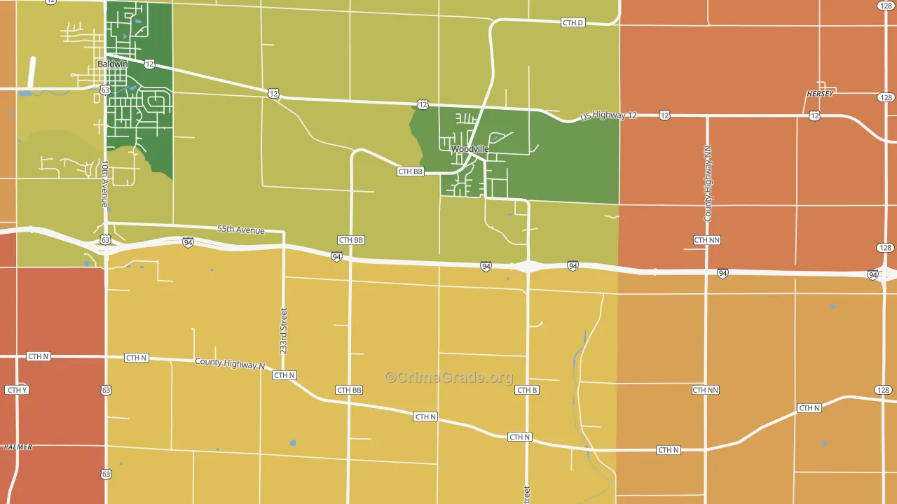 Woodville, WI Map of Robbery Rates