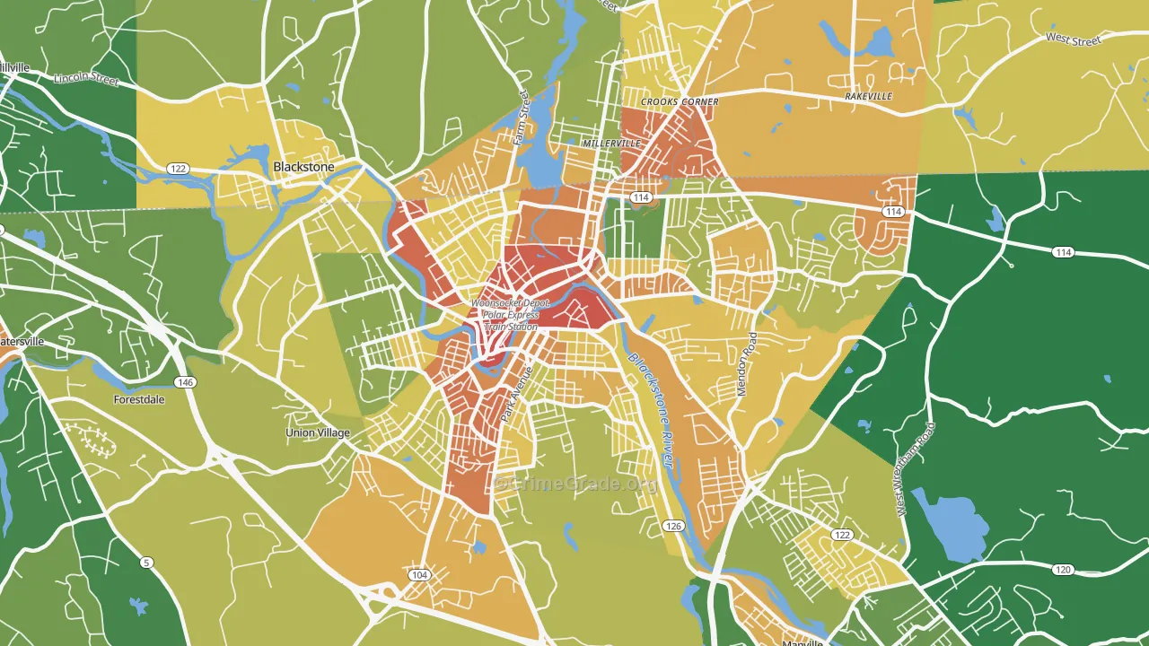 Woonsocket, RI Map of Robbery Rates