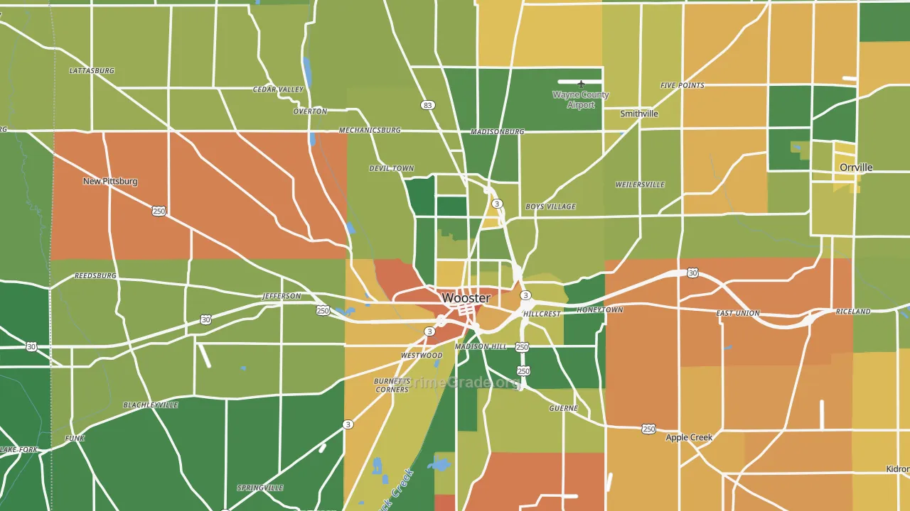 Wooster, OH Map of Robbery Rates