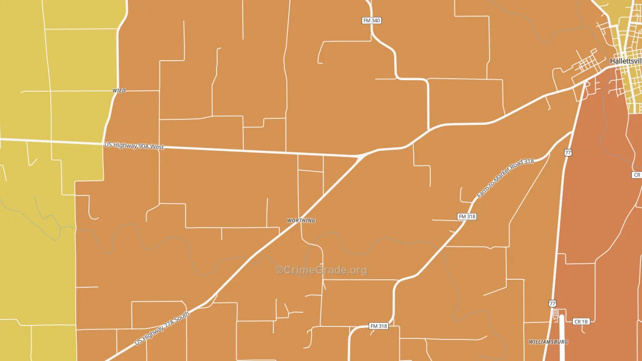 Worthing, TX Map of Robbery Rates