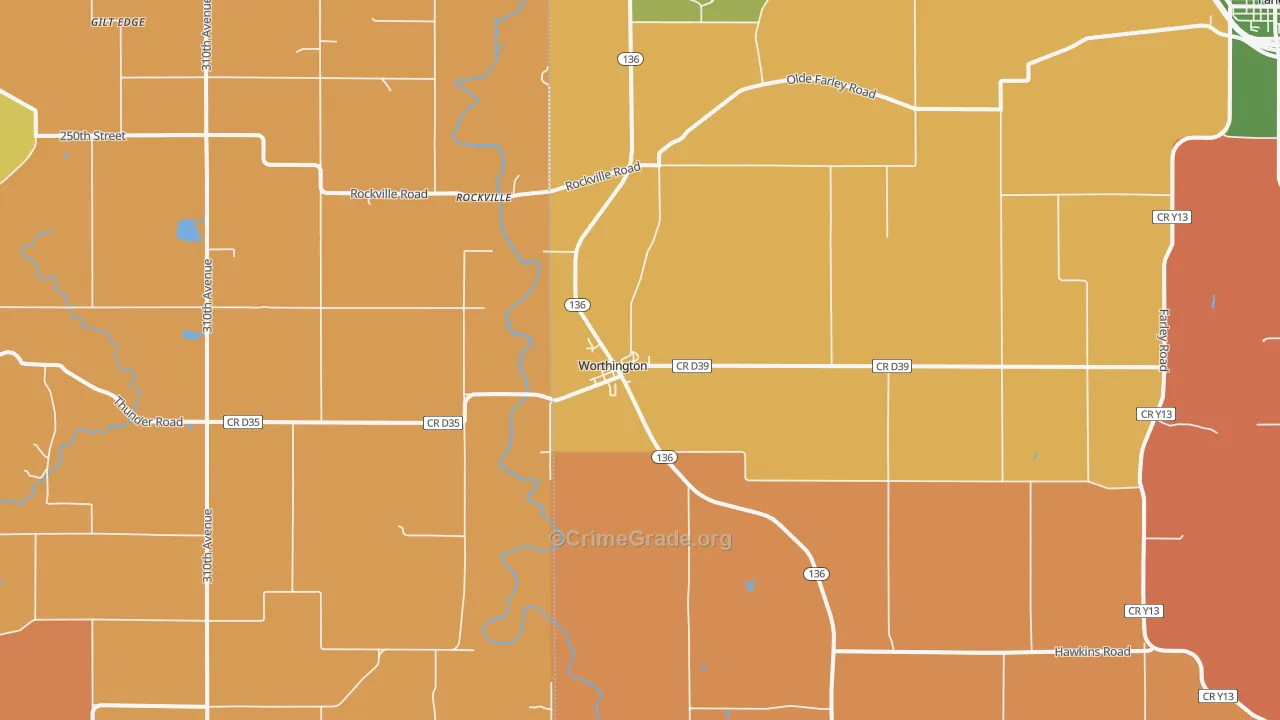 Worthington, IA Map of Robbery Rates