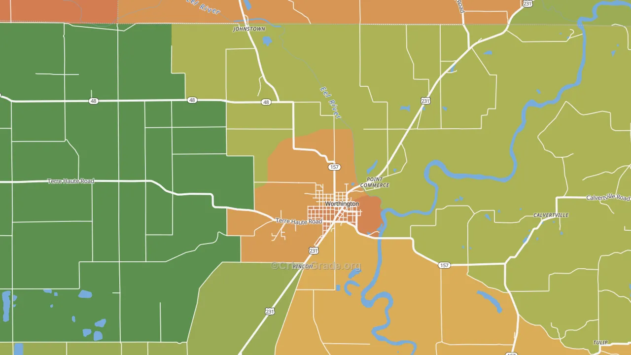 Worthington, IN Map of Robbery Rates