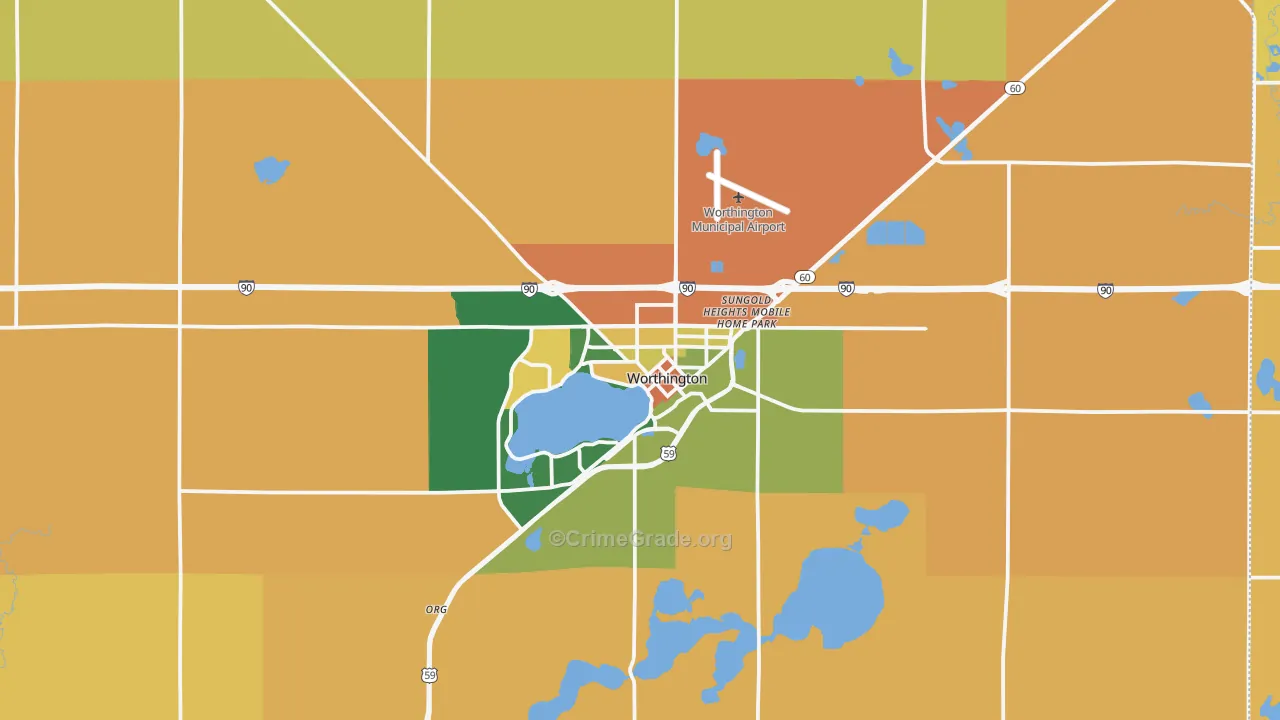 Worthington, MN Map of Robbery Rates