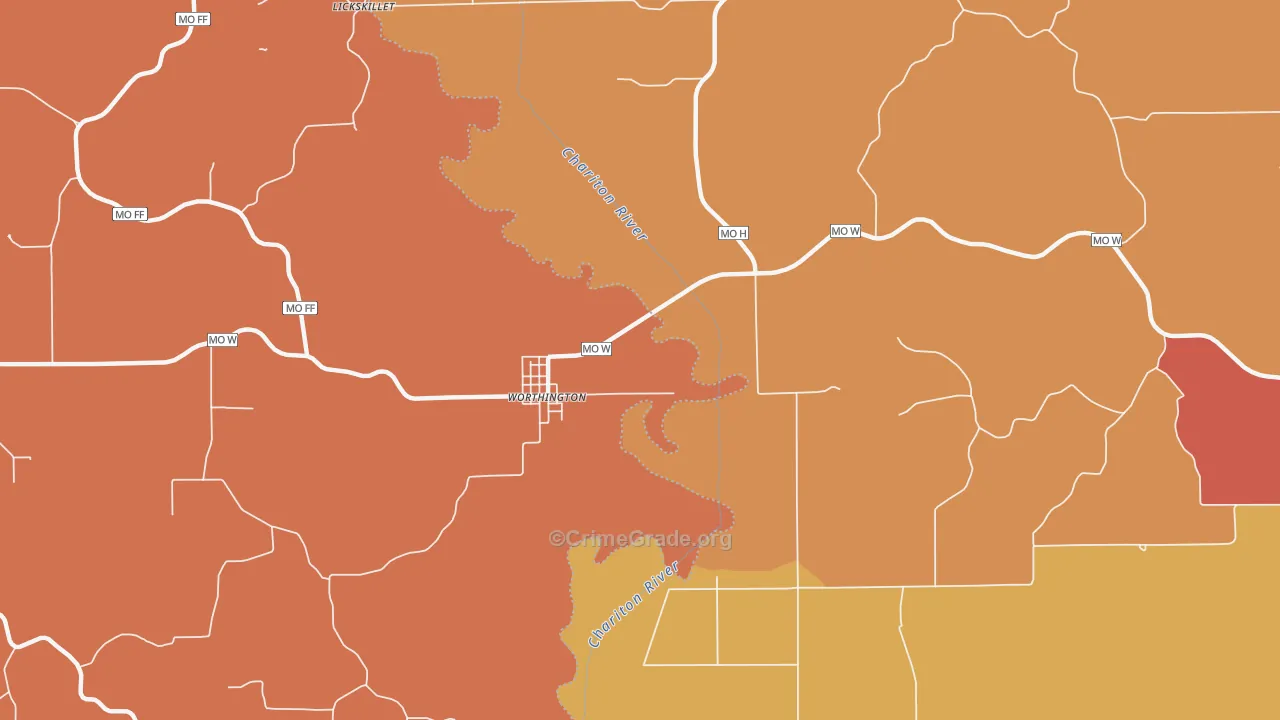 Worthington, MO Map of Robbery Rates
