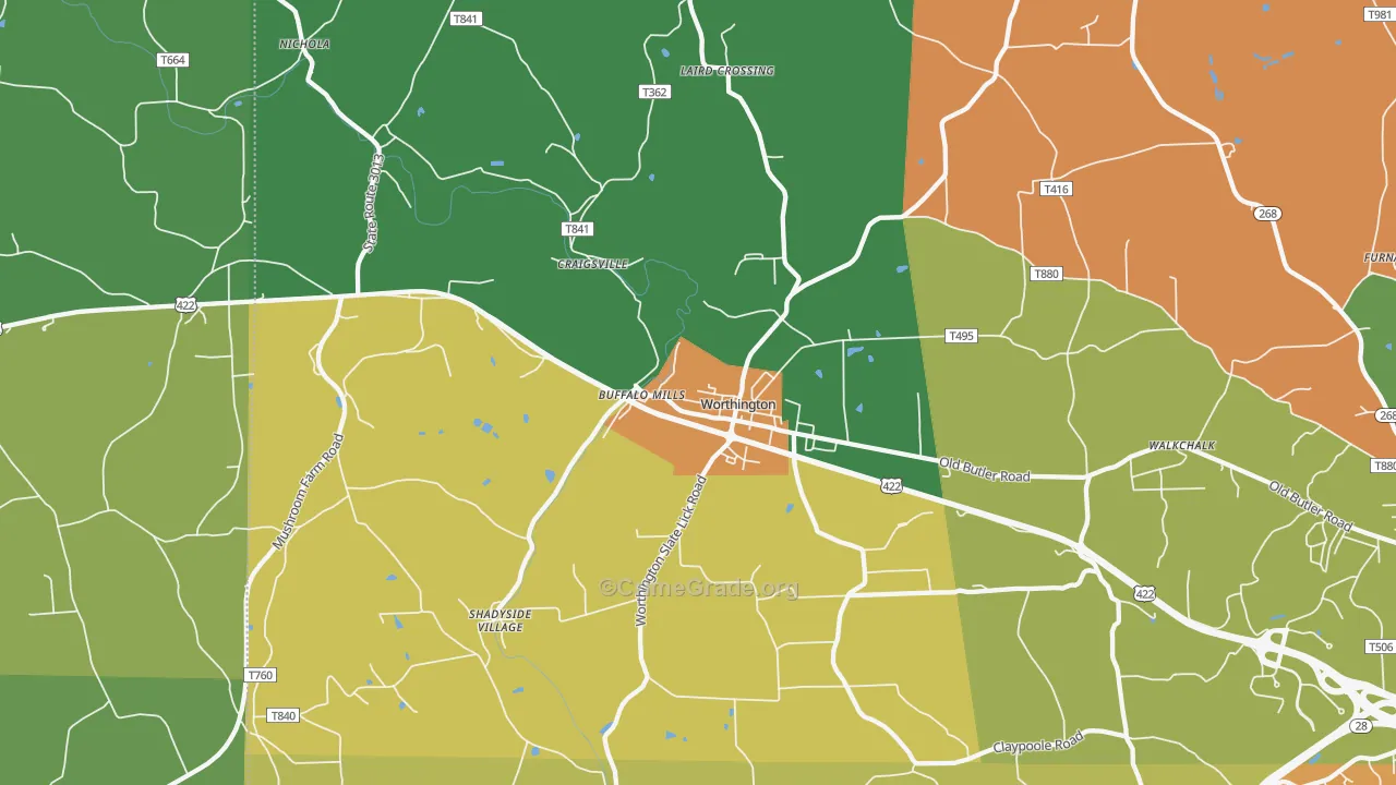 Worthington, PA Map of Robbery Rates