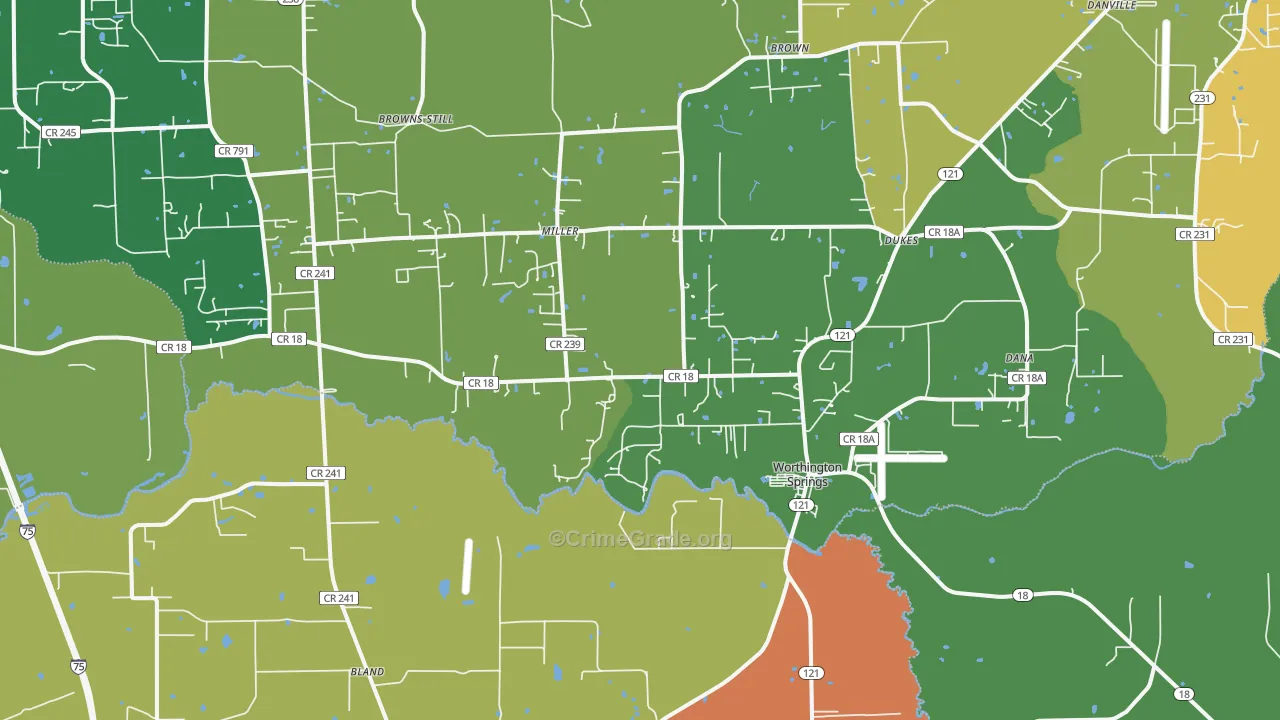 Worthington Springs, FL Map of Robbery Rates