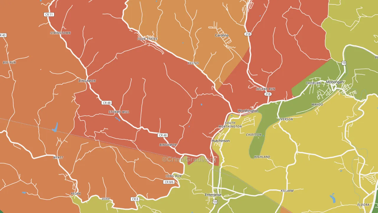 Worthington, WV Map of Robbery Rates