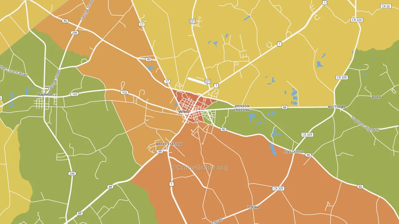 Wrens, GA Map of Robbery Rates