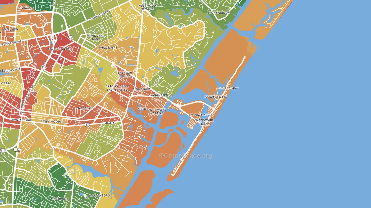 Wrightsville Beach, NC Map of Robbery Rates