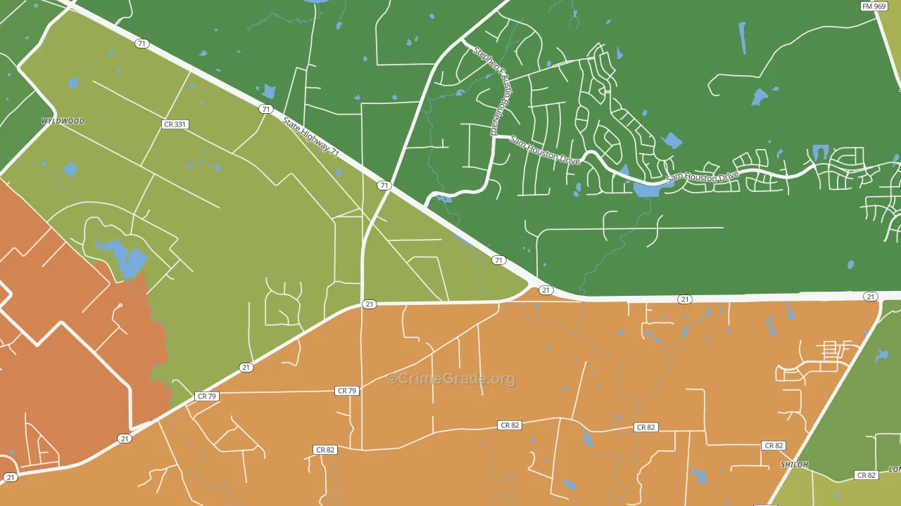 Wyldwood, TX Map of Robbery Rates