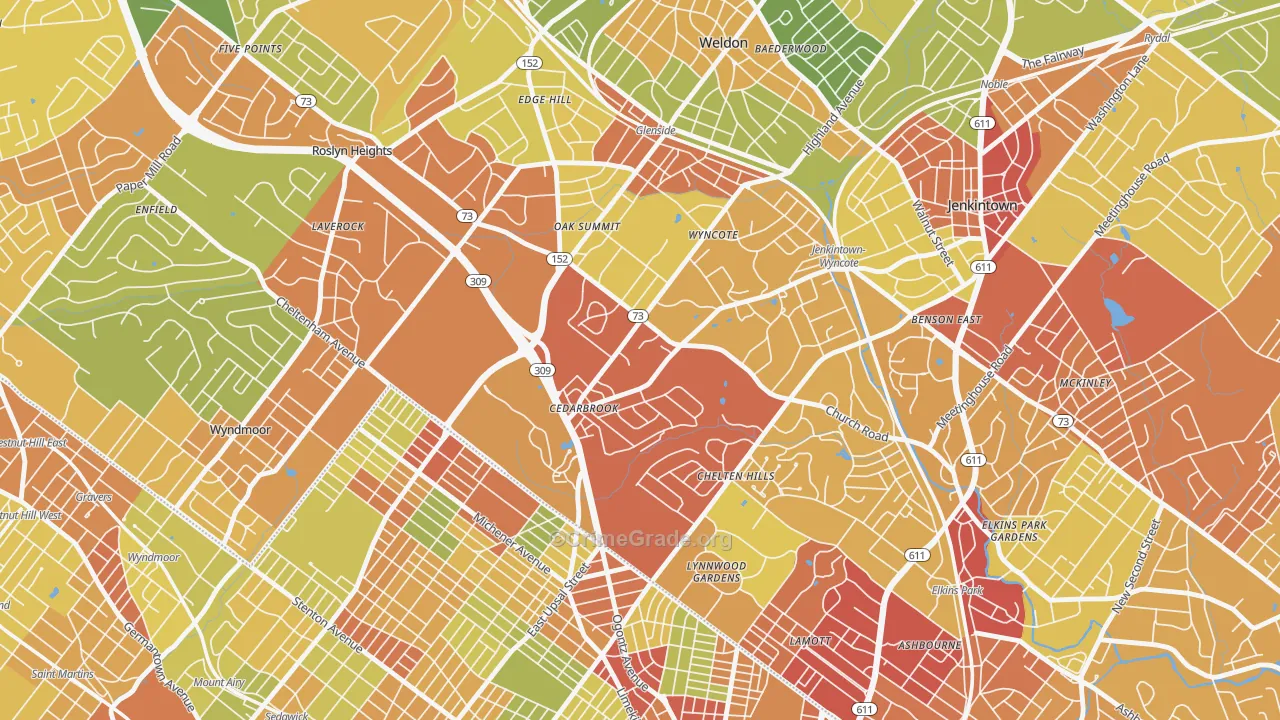 Wyncote, PA Map of Robbery Rates