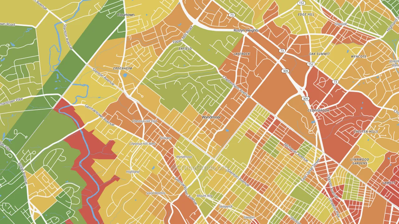 Wyndmoor, Glenside, PA Map of Robbery Rates