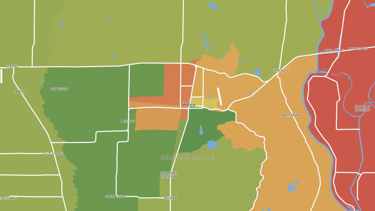 Wynne, AR Map of Robbery Rates