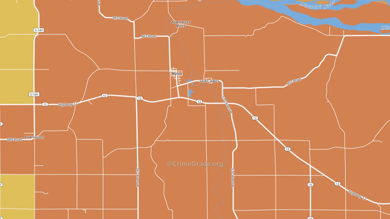 Wynot, NE Map of Robbery Rates