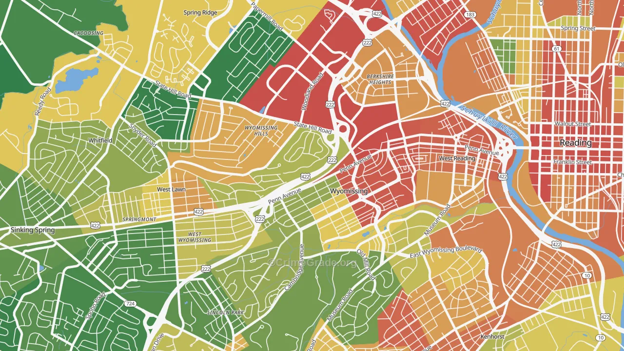 Wyomissing, PA Map of Robbery Rates