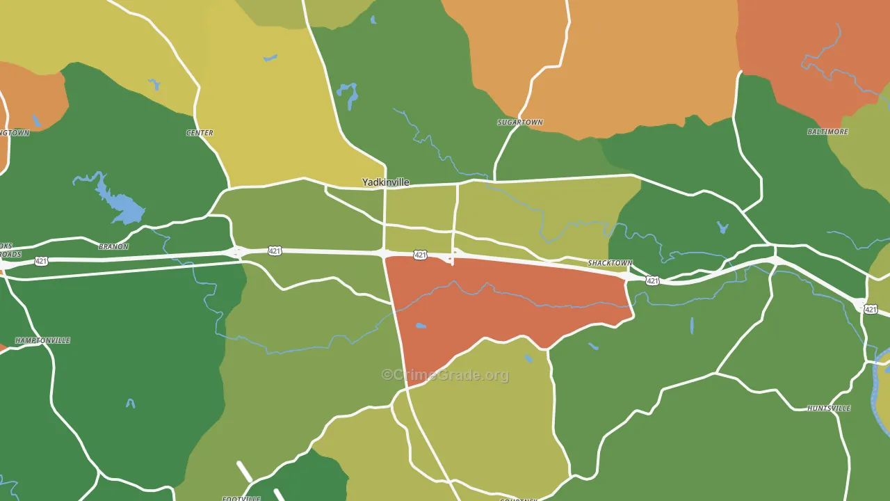 Yadkinville, NC Map of Robbery Rates