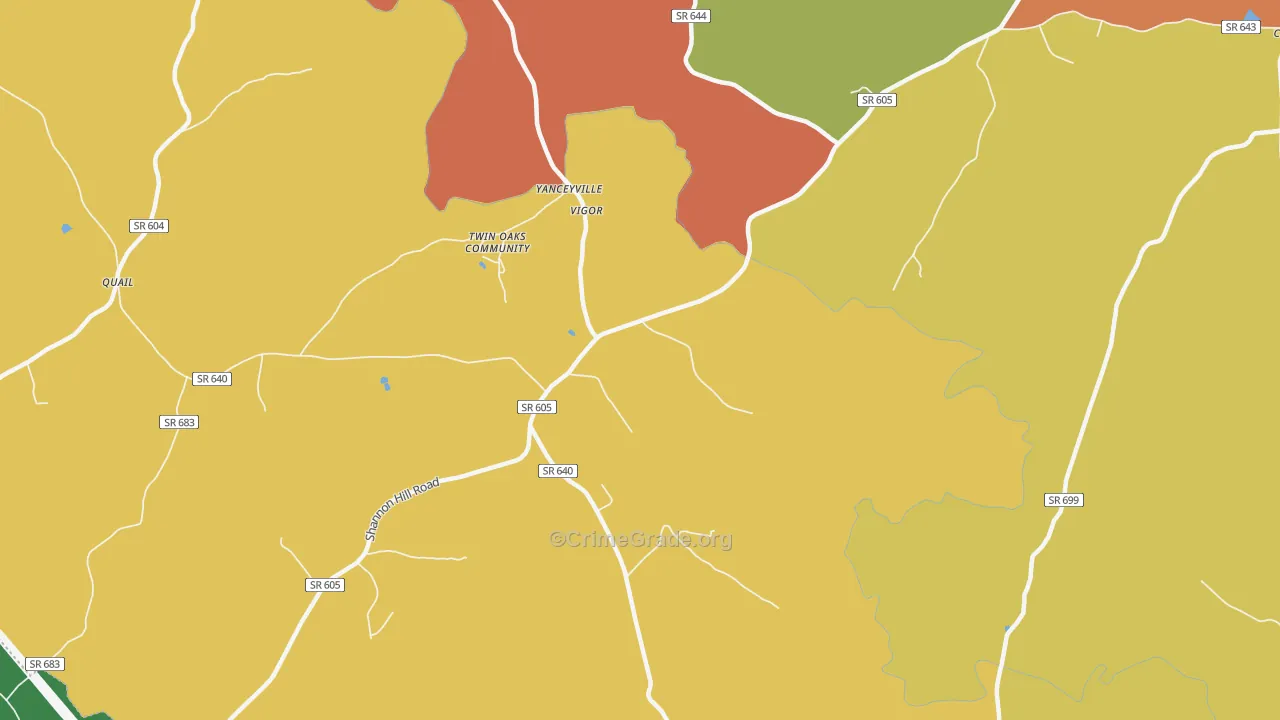 Yanceyville, VA Map of Robbery Rates