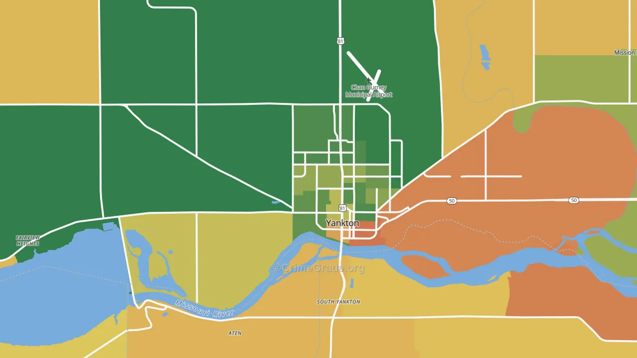 Yankton, SD Map of Robbery Rates