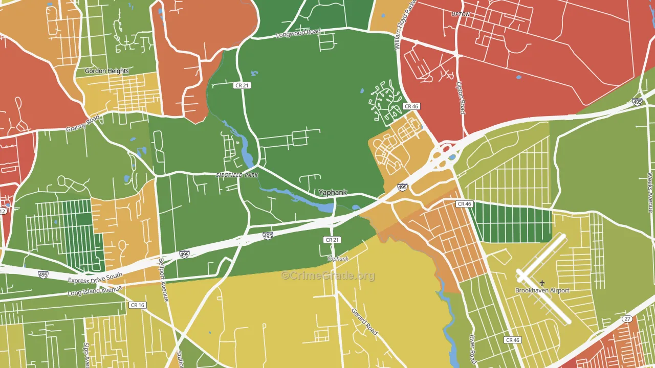 Yaphank, NY Map of Robbery Rates