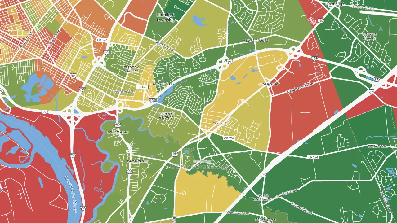 Yardville, NJ Map of Robbery Rates