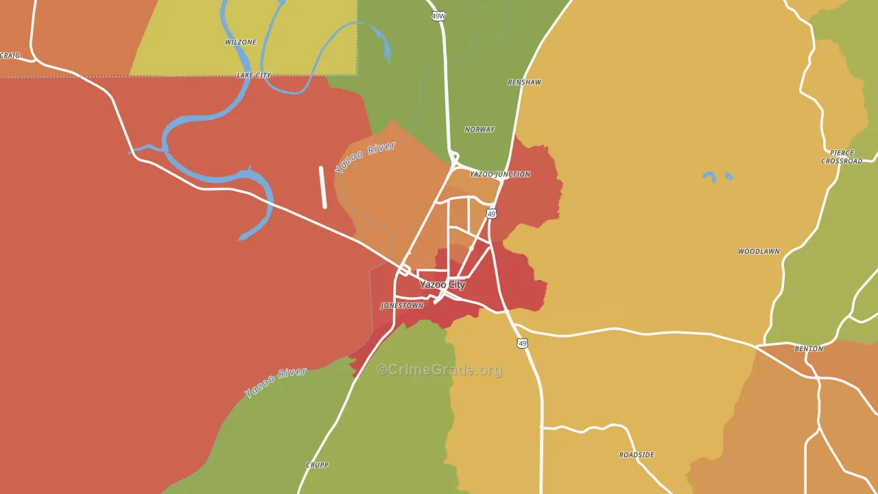 Yazoo City, MS Map of Robbery Rates