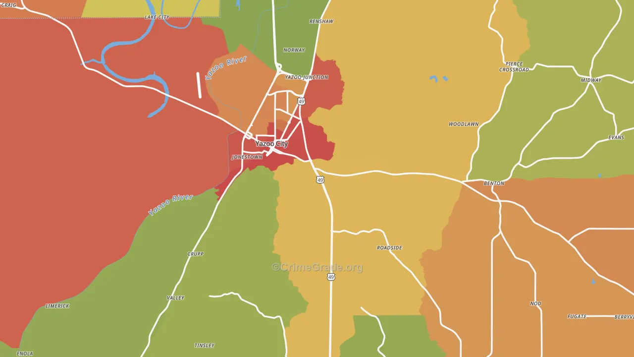 Yazoo County, MS Map of Robbery Rates