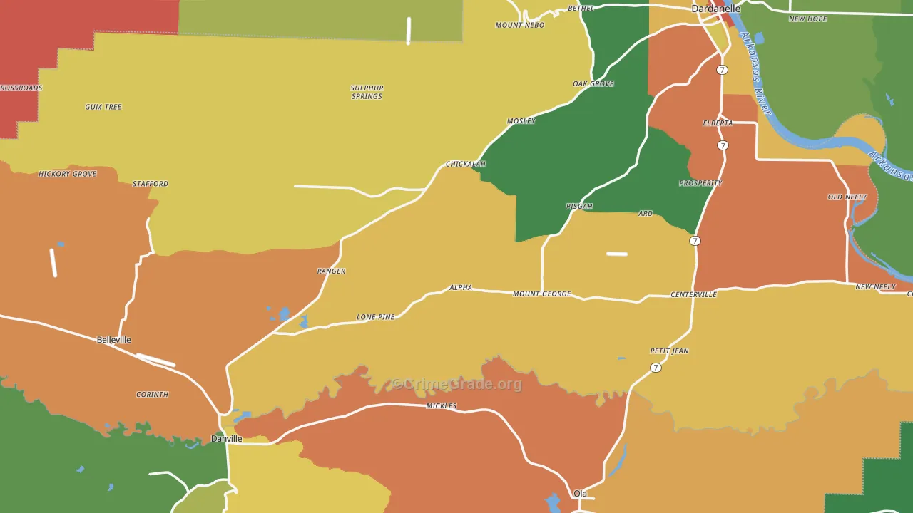 Yell County, AR Map of Robbery Rates