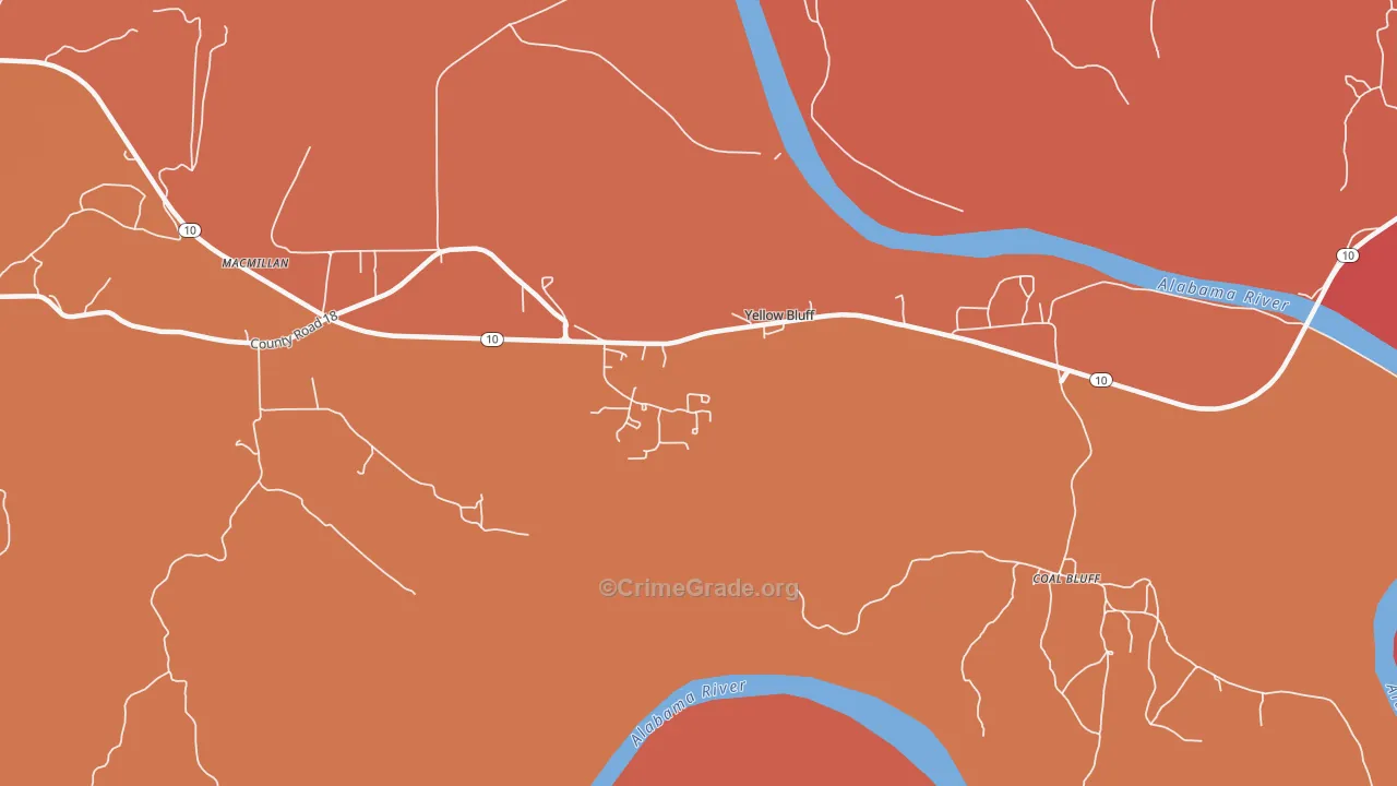 Yellow Bluff, AL Map of Robbery Rates
