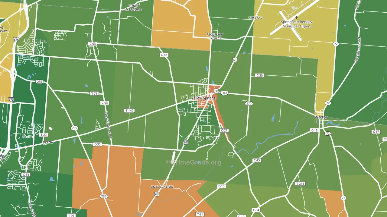 Yellow Springs, OH Map of Robbery Rates