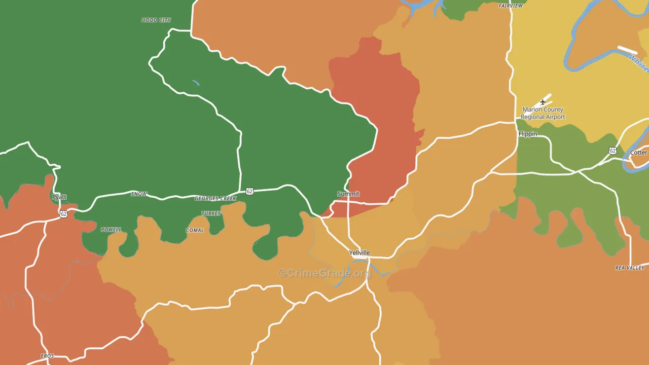 Yellville, AR Map of Robbery Rates