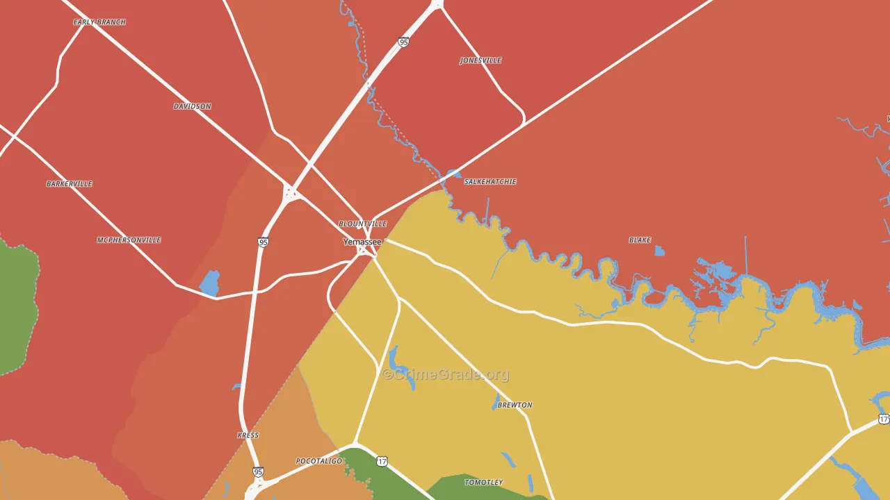 Yemassee, SC Map of Robbery Rates