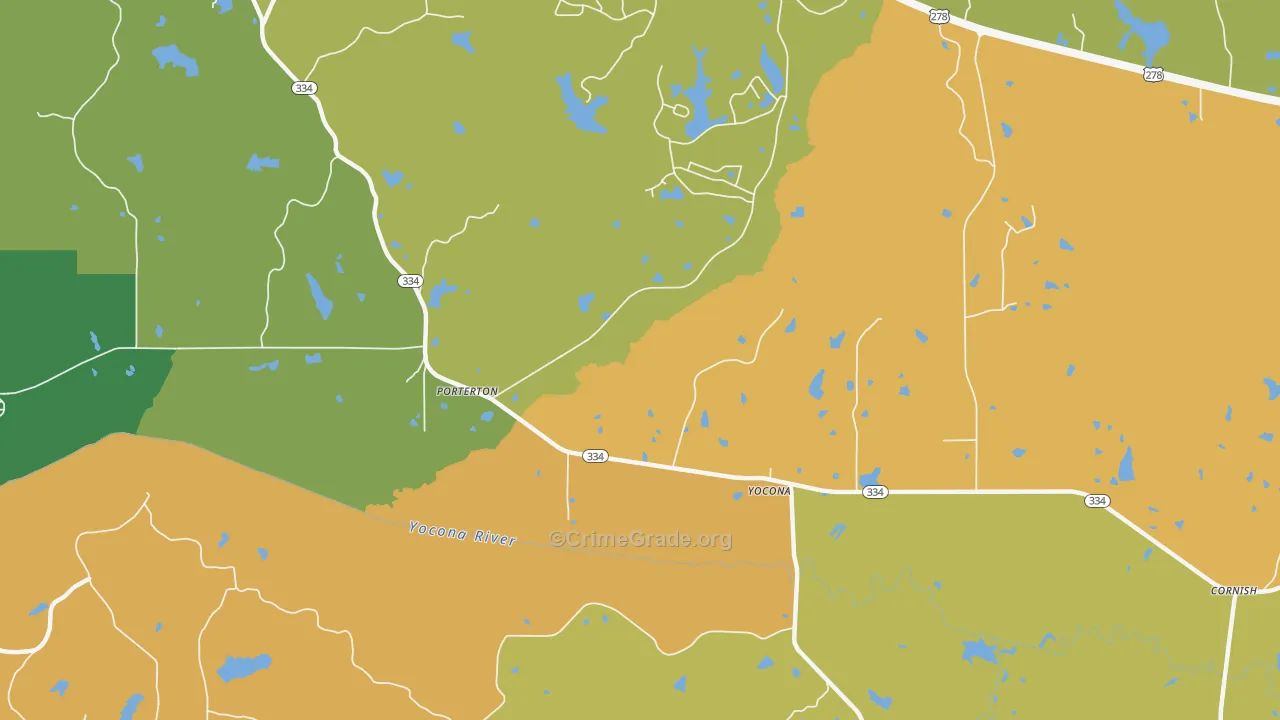 Yocona, MS Map of Robbery Rates