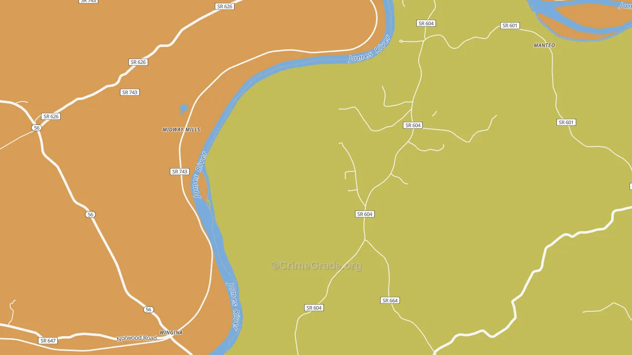 Yogaville, VA Map of Robbery Rates
