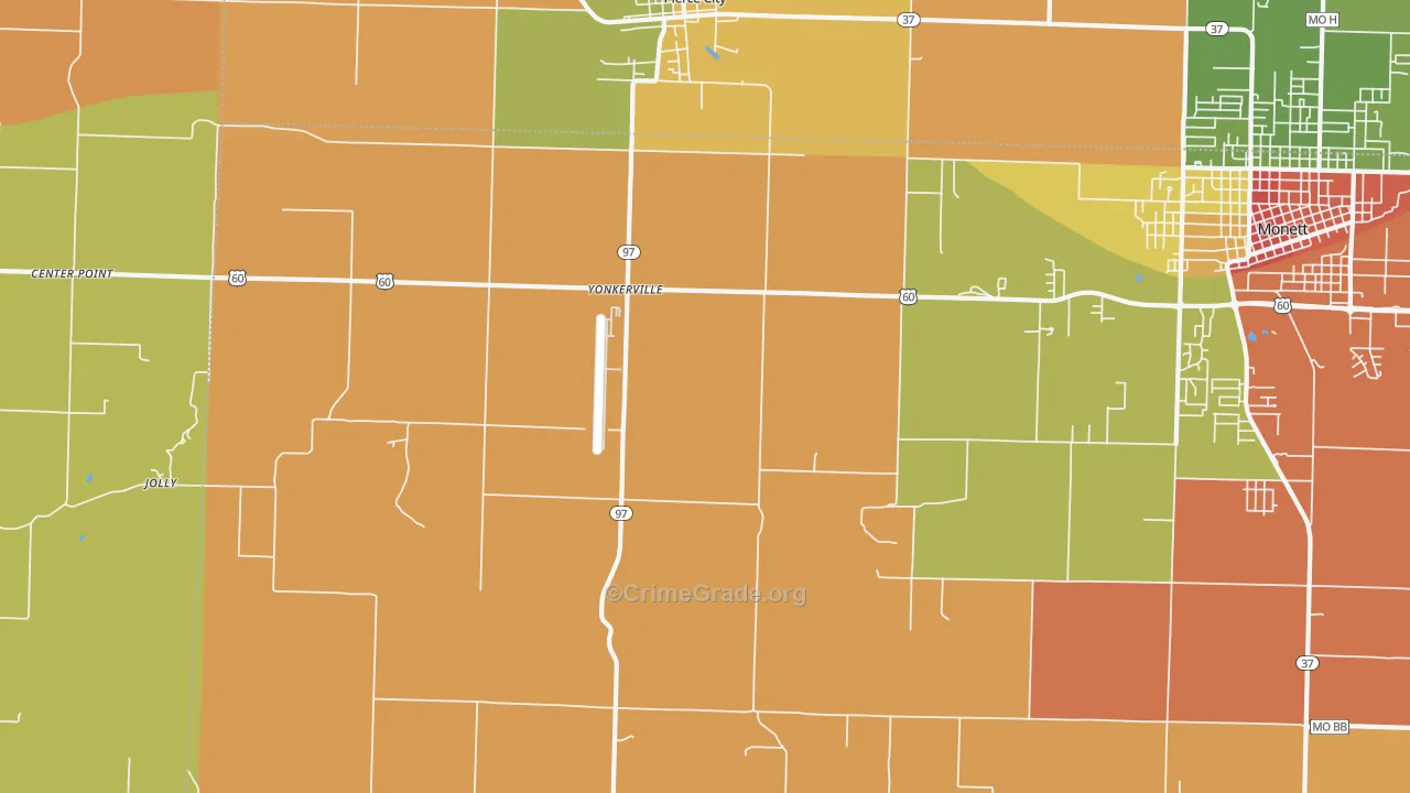 Yonkerville, MO Map of Robbery Rates