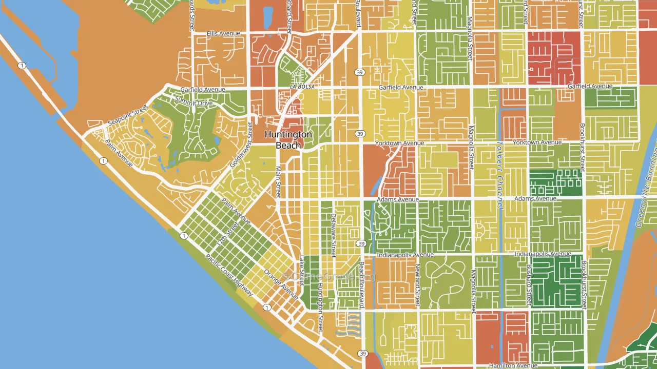 Yorktown, Huntington Beach, CA Map of Robbery Rates