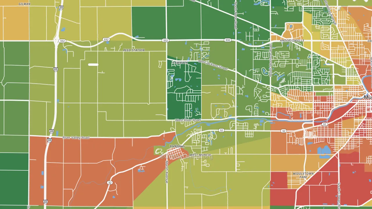 Yorktown, IN Map of Robbery Rates