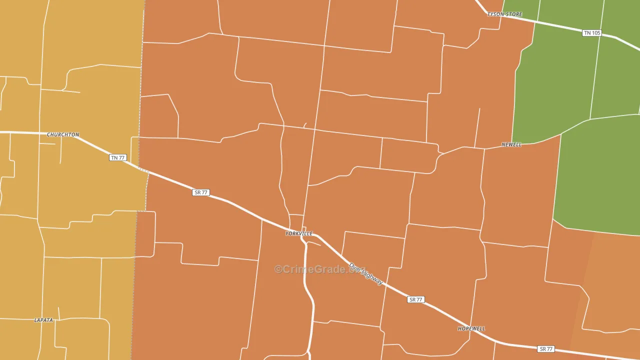 Yorkville, TN Map of Robbery Rates