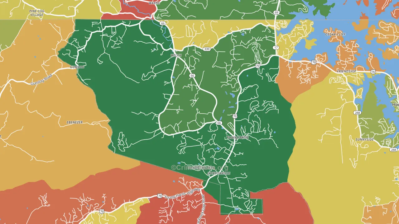 Young Harris, GA Map of Robbery Rates