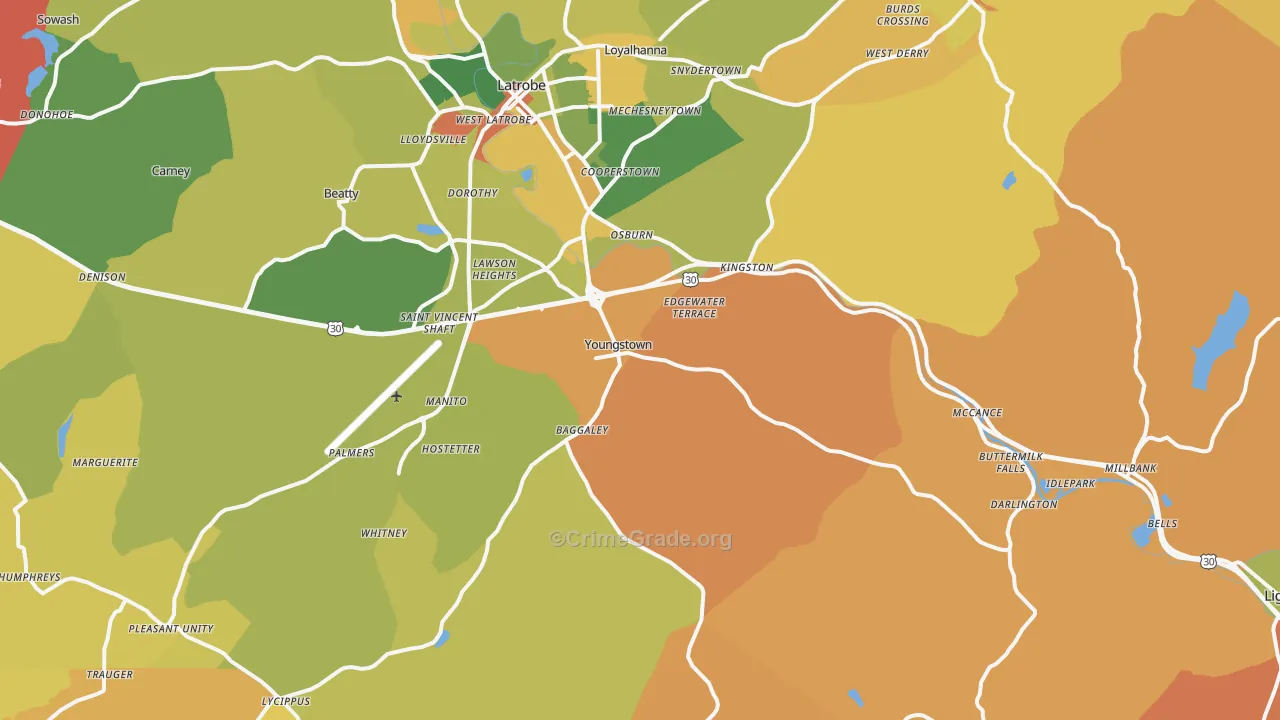 Youngstown, PA Map of Robbery Rates