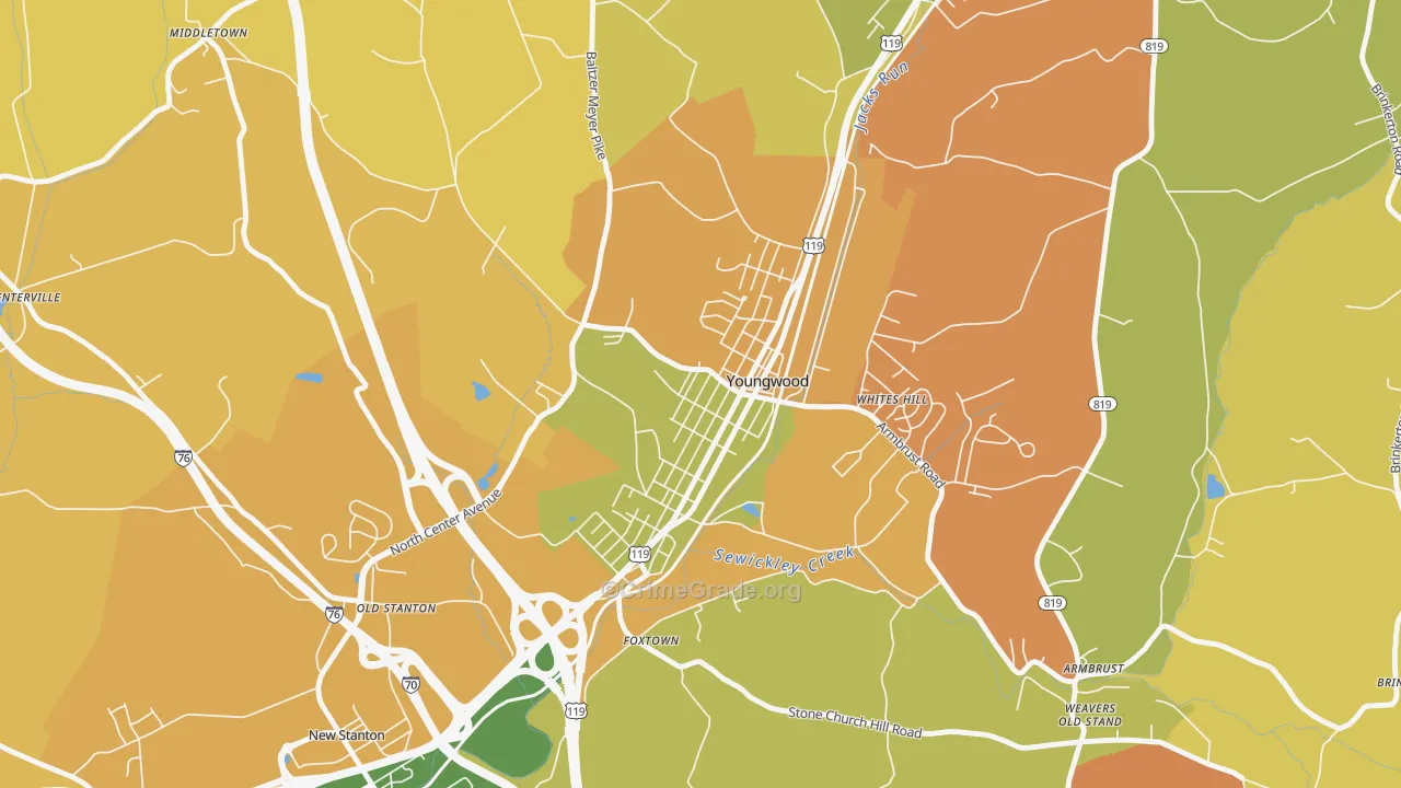 Youngwood, PA Map of Robbery Rates