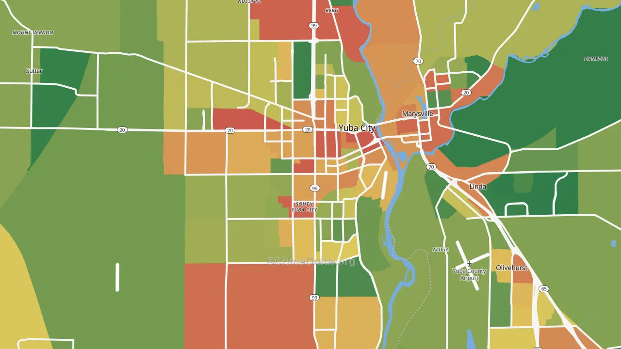 Yuba City, CA Map of Robbery Rates
