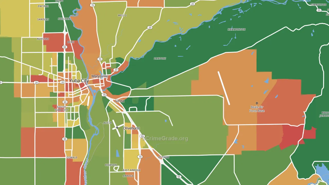 Yuba County, CA Map of Robbery Rates